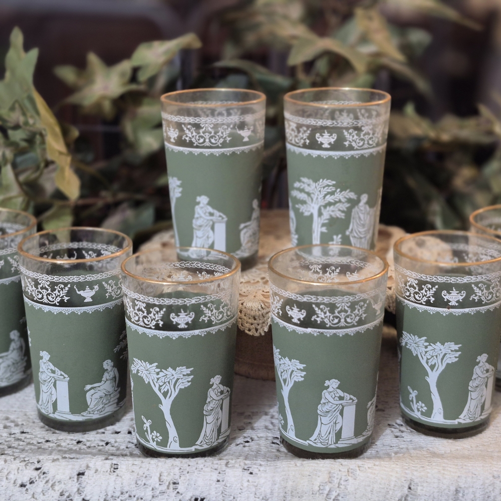 Vintage Jeanette Green Wedgwood Jasperware Hellenic Greek Glasses Set Of 8.